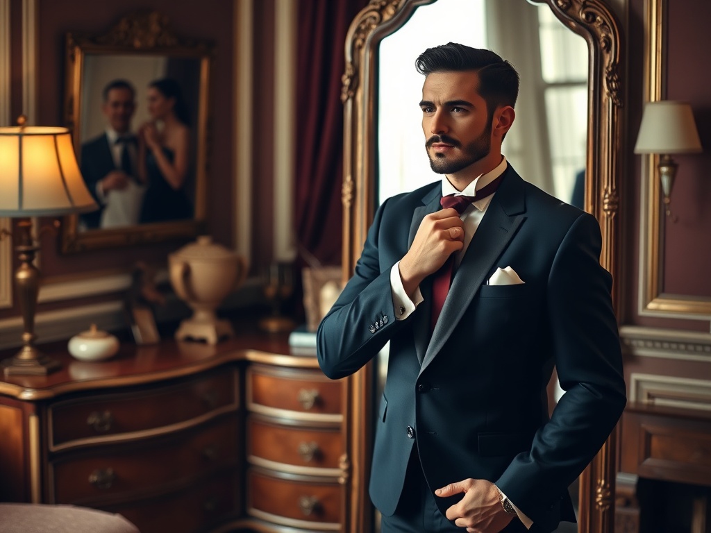 Un bărbat îmbrăcat elegant își fixează cravata în fața unui oglindă, într-o încăpere rafinată.
